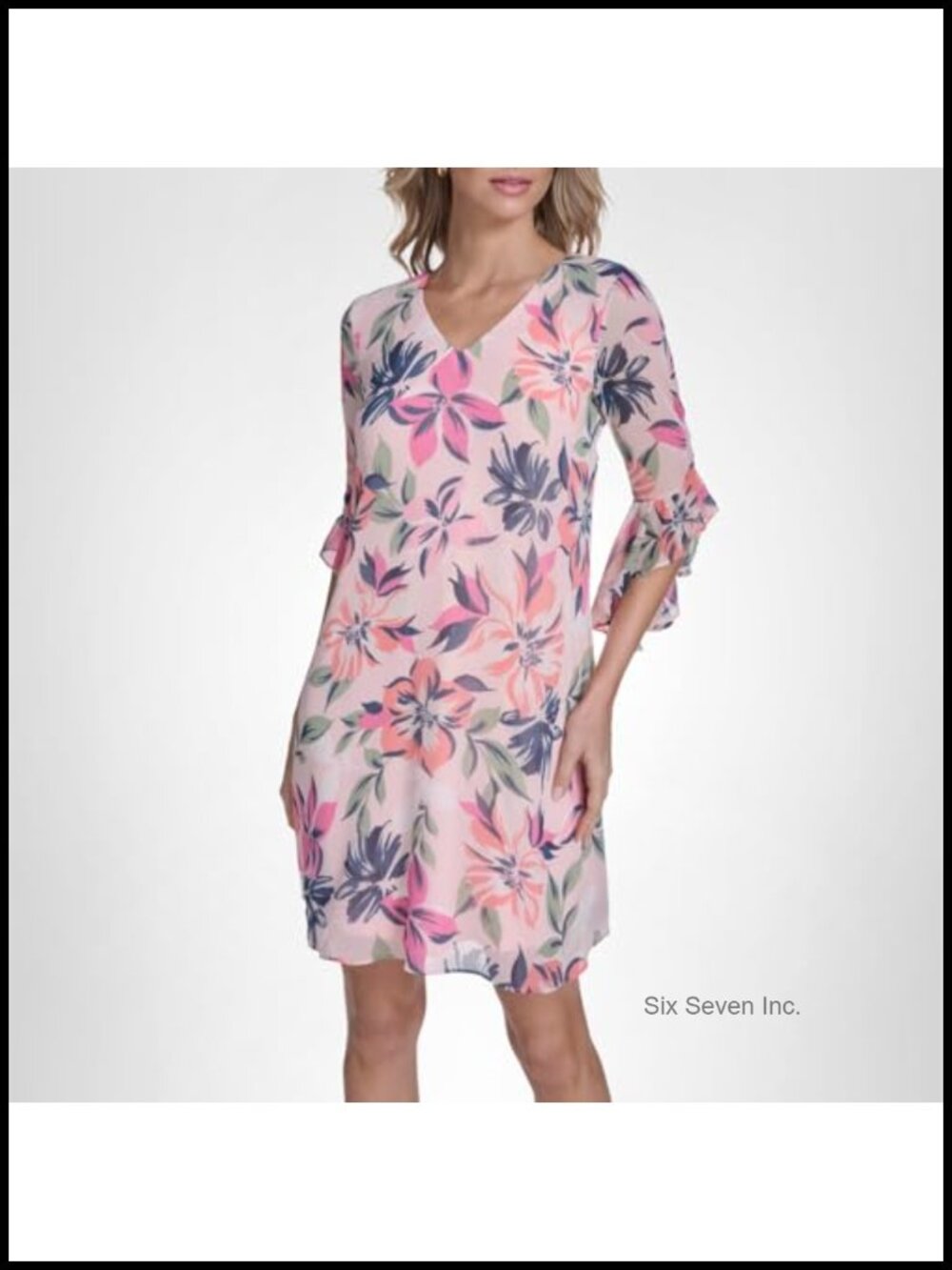 Calvin Klein Floral Chiffon Shift Dress V-Neck Bell Sleeve Mini
